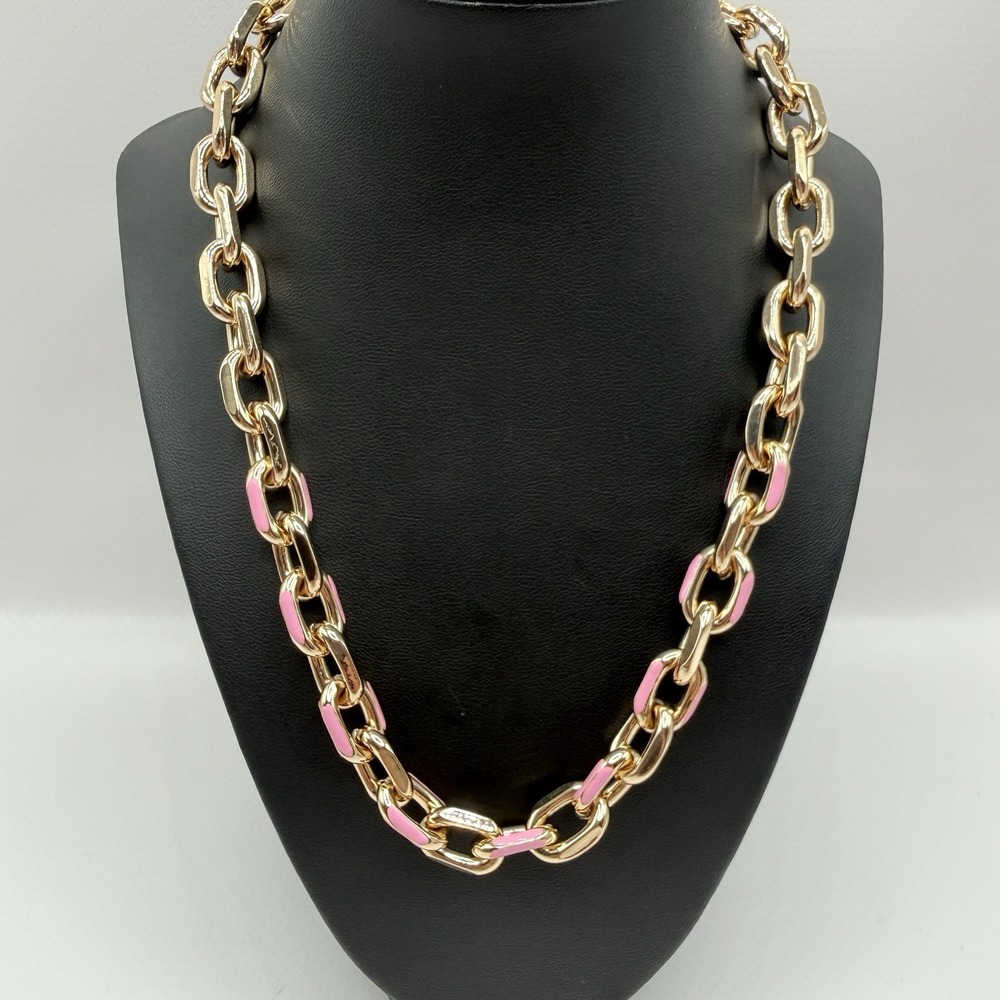 Thalia Sodi Chunky Gold Tone 19" Chain Statement Necklace w/ Pink Enamel - Picture 2 of 7